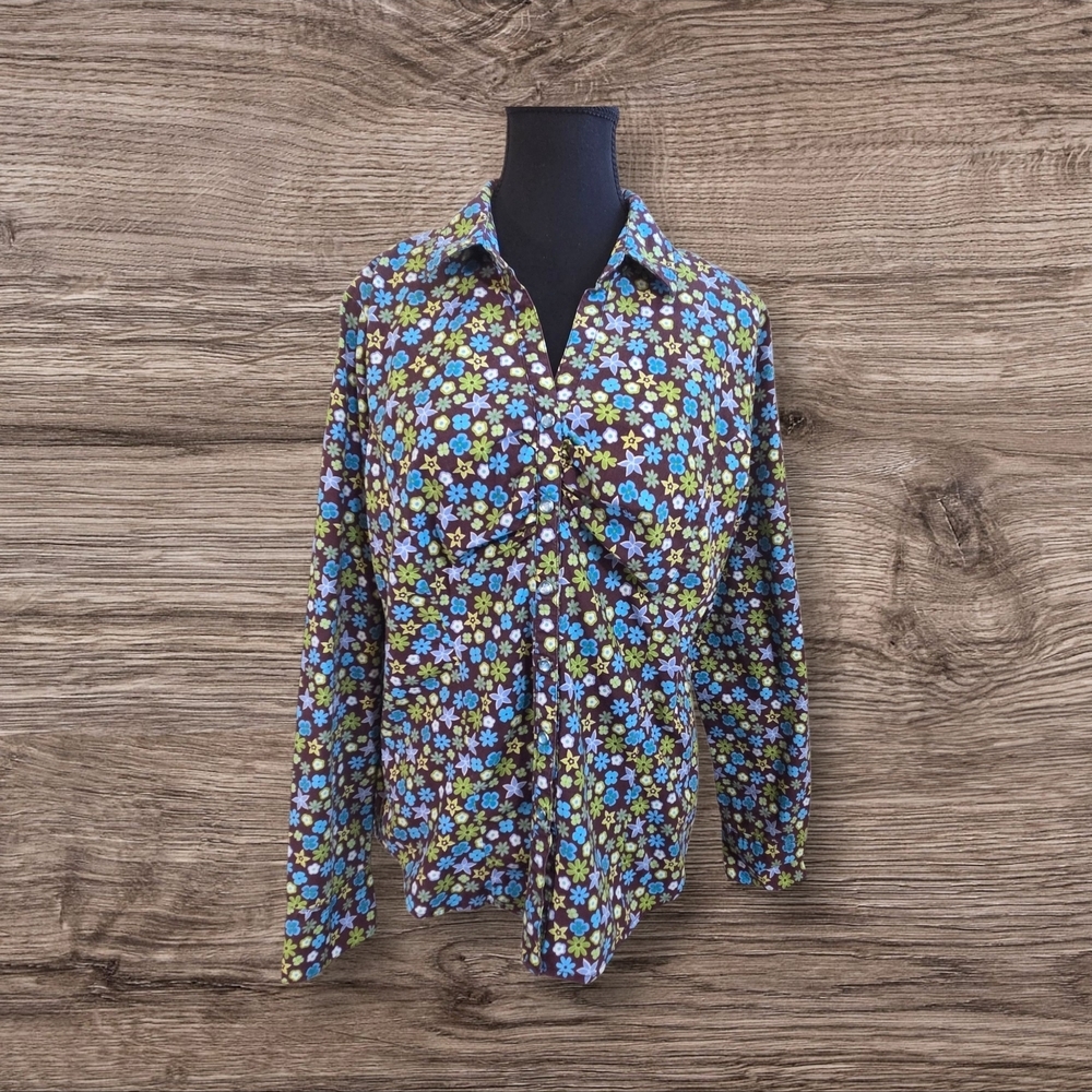 Angel Ranch Floral Women's Blouse in Blue and Brown With Unique Snaps Size XL